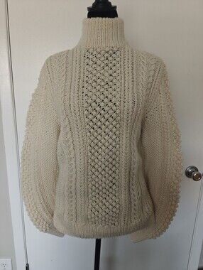 Wool Cable Knit Aran Turtleneck Sweater M Medium Unisex Cream New Handmade
